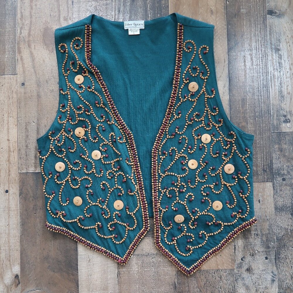 Fiber Optics Womans Large Green Open Cotton Vest Wood Bead Detail 90s 80s